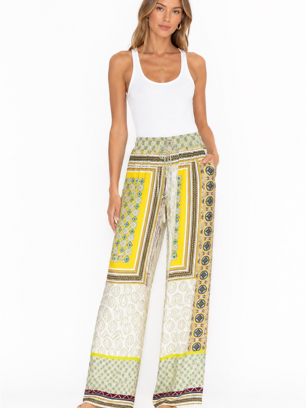 Johnny Was Yellow & Cream Wide Leg Printed Pants
